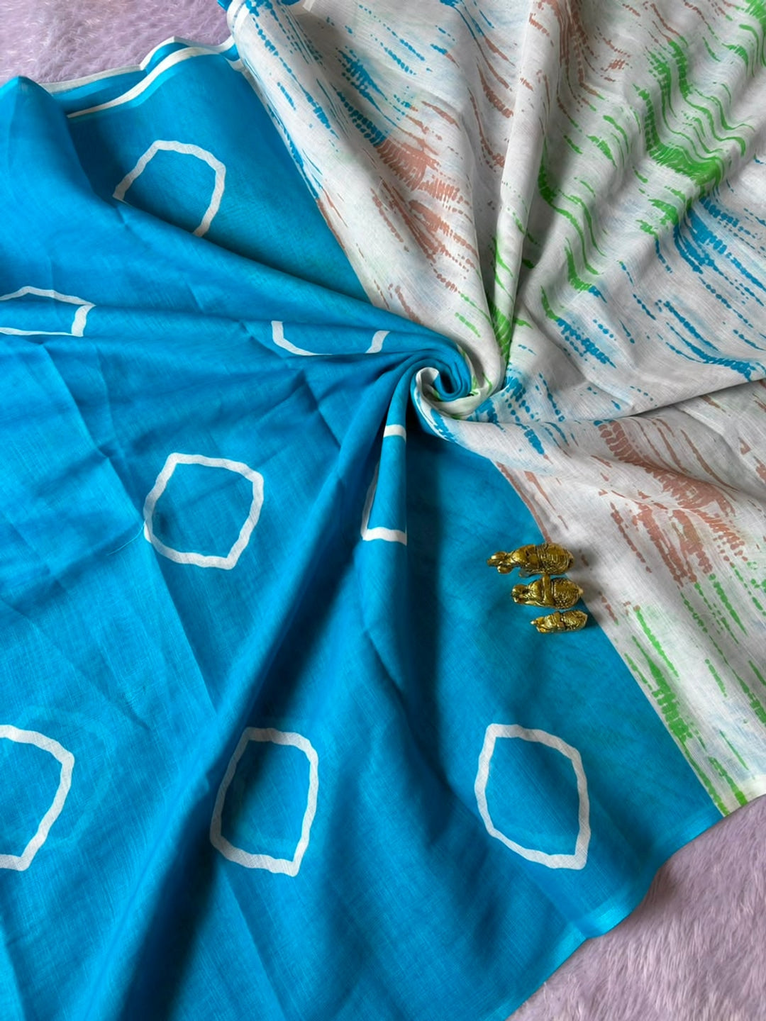 Peachmode Rama Blue Shibori Printed Linen Cotton Saree - Image 4