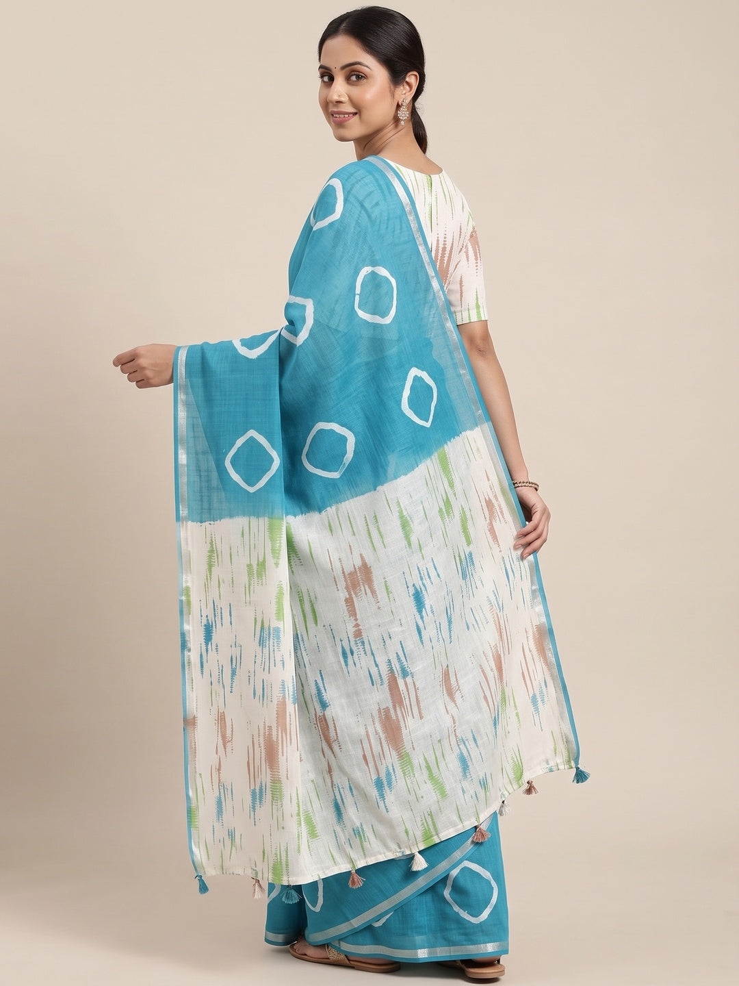 Peachmode Rama Blue Shibori Printed Linen Cotton Saree - Image 5