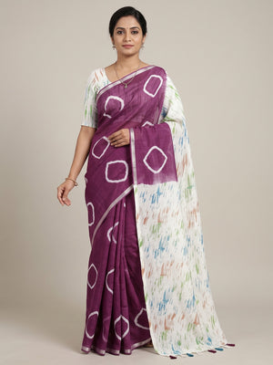 Peachmode Wine Shibori Printed Linen Cotton Saree - Image 1