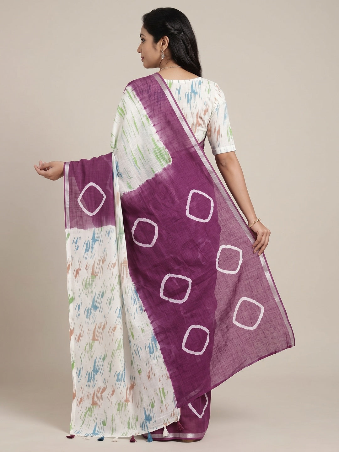 Peachmode Wine Shibori Printed Linen Cotton Saree - Image 5