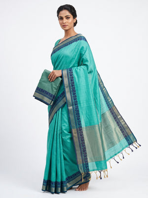 Turquoise Pure Handloom Silk Saree with an Elegantly Woven Jacquard Border - Image 1