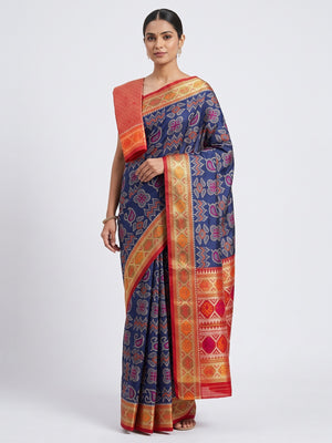 Navy Blue Woven Art Silk Patola Saree - Image 1