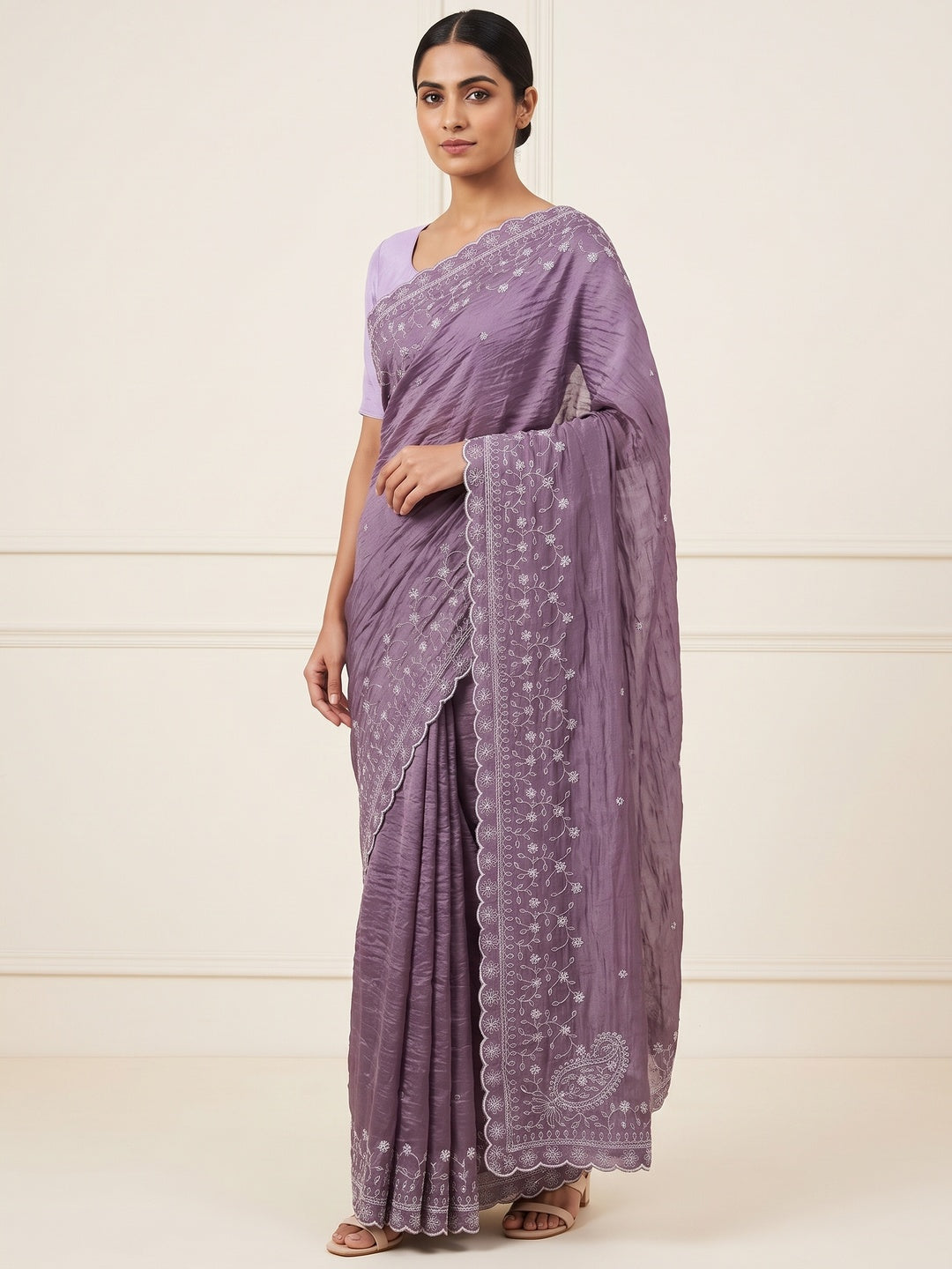 Dusty Lavender Silk Blend Crush Saree Adorned With Floral Thread Embroidery & Sequins - Image 1
