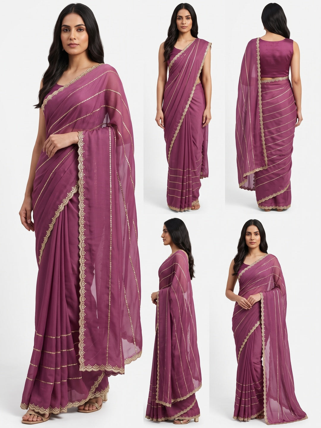 Mauve Soft Satin Chiffon Saree Adorned with Intricate Sequins Detailing - Image 1