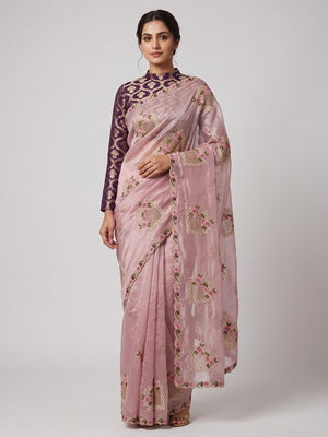 Stunning Pink Floral Embroidery & Swarovski Adorned Paper Silk Saree with Cutwork Border - Image 1