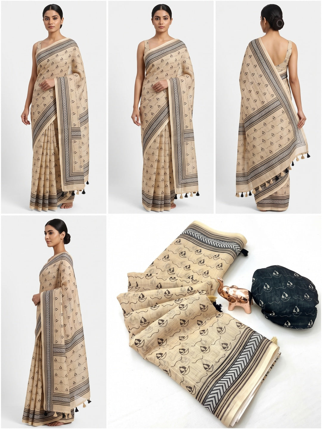 Beige Soft Linen Saree with Artistic Print Detailing - Image 1