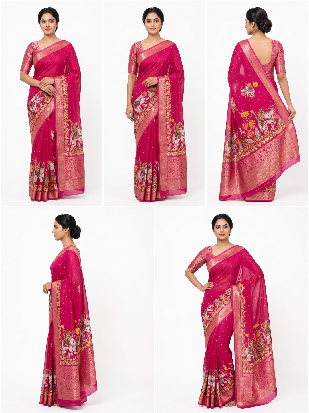 Elegant Pink Elephant & Floral Printed Georgette Saree Accented With Gleaming Weaving Zari Border - Image 1