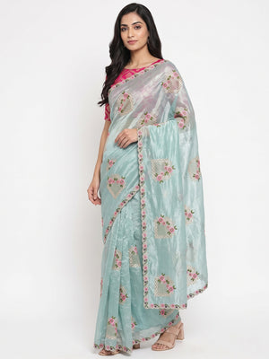 Stunning Blue Floral Embroidery & Swarovski Adorned Paper Silk Saree with Cutwork Border - Image 1