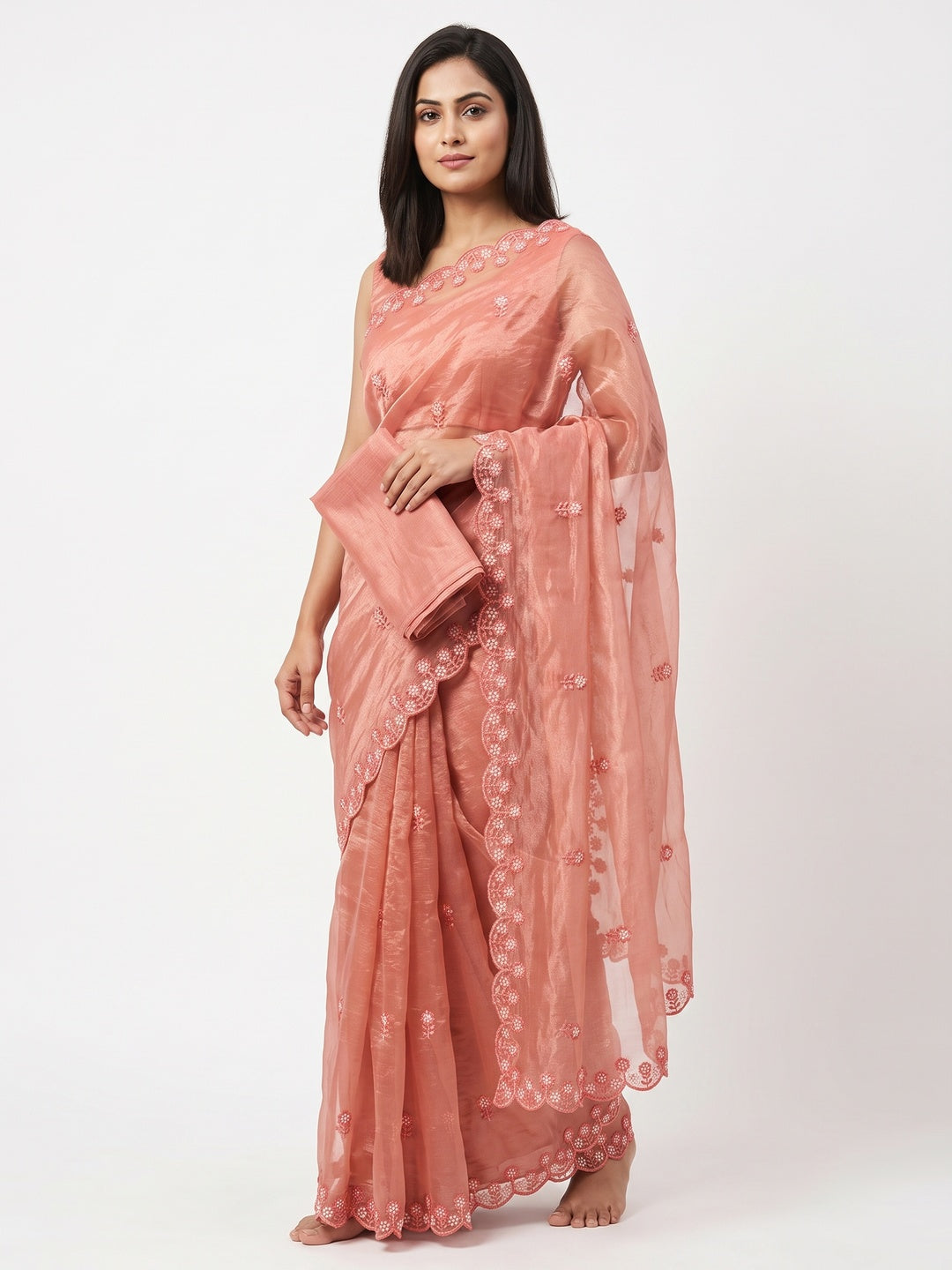Peach Net Partywear Saree Featuring Fine Floral Embroidery and a Soft, Flowing Look - Image 1
