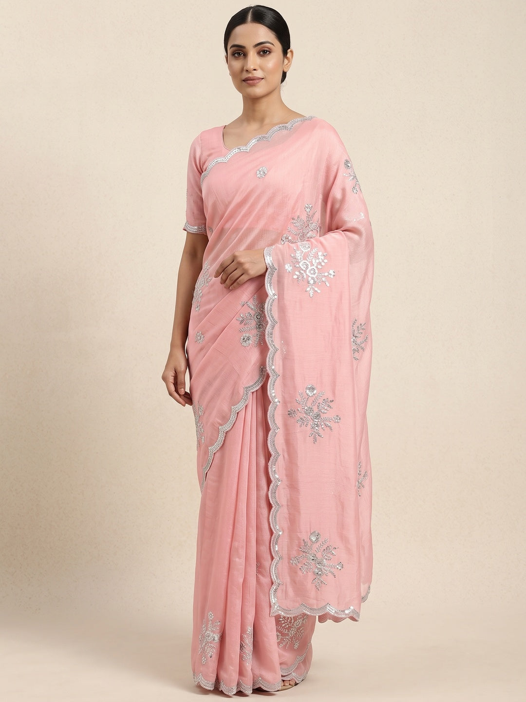 Designer Peach Pure Chinon Saree Highlighted with Elegant Sequins Embroidery - Image 1