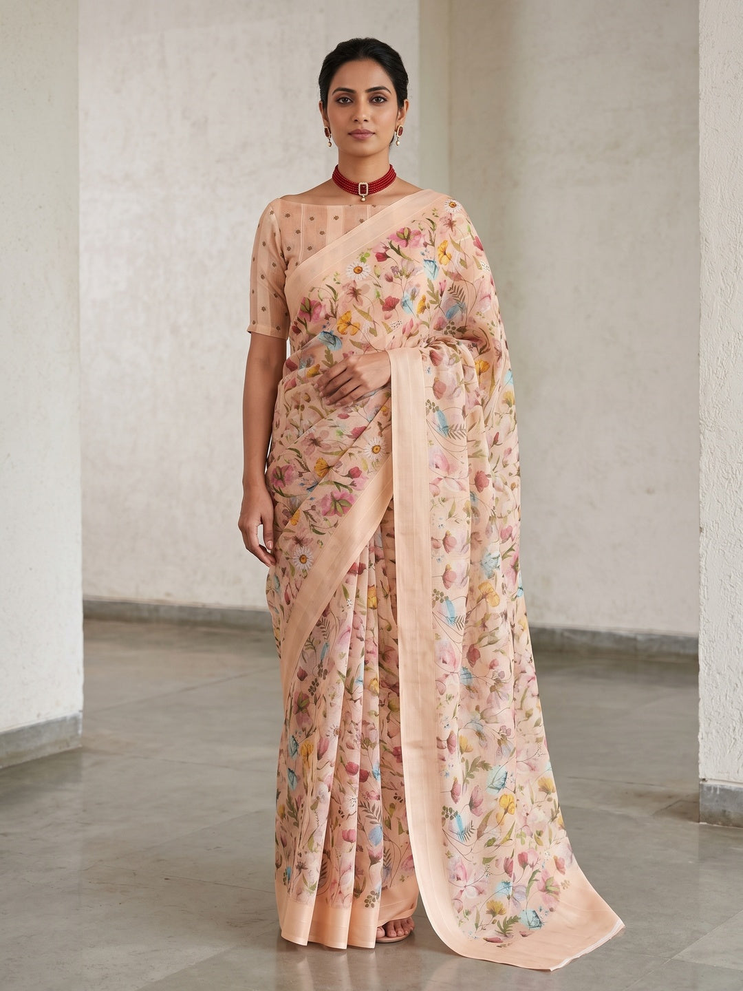 Peach Bloom Floral Digital Printed Georgette Saree Accentuated With Graceful Zari Stripes - Image 5