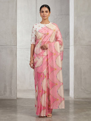 Pink Bloom Floral Digital Printed Georgette Saree Accentuated With Graceful Zari Stripes - Image 1