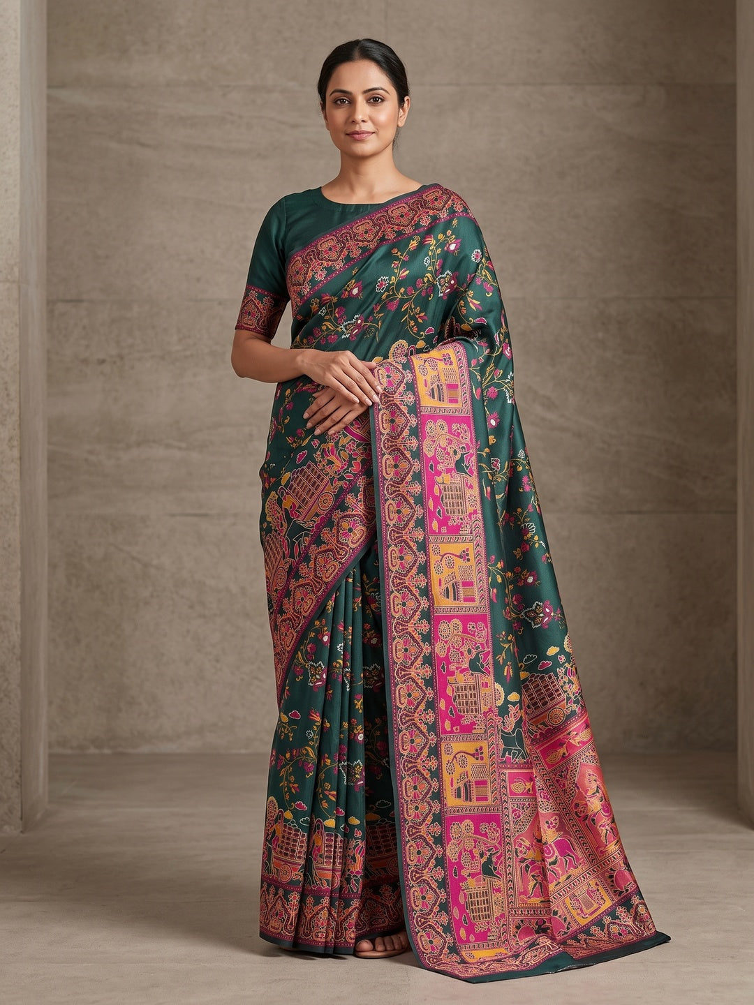 Royal Morpich Green Pashmina Silk Saree with Rajwadi Zari Weaving - Image 5