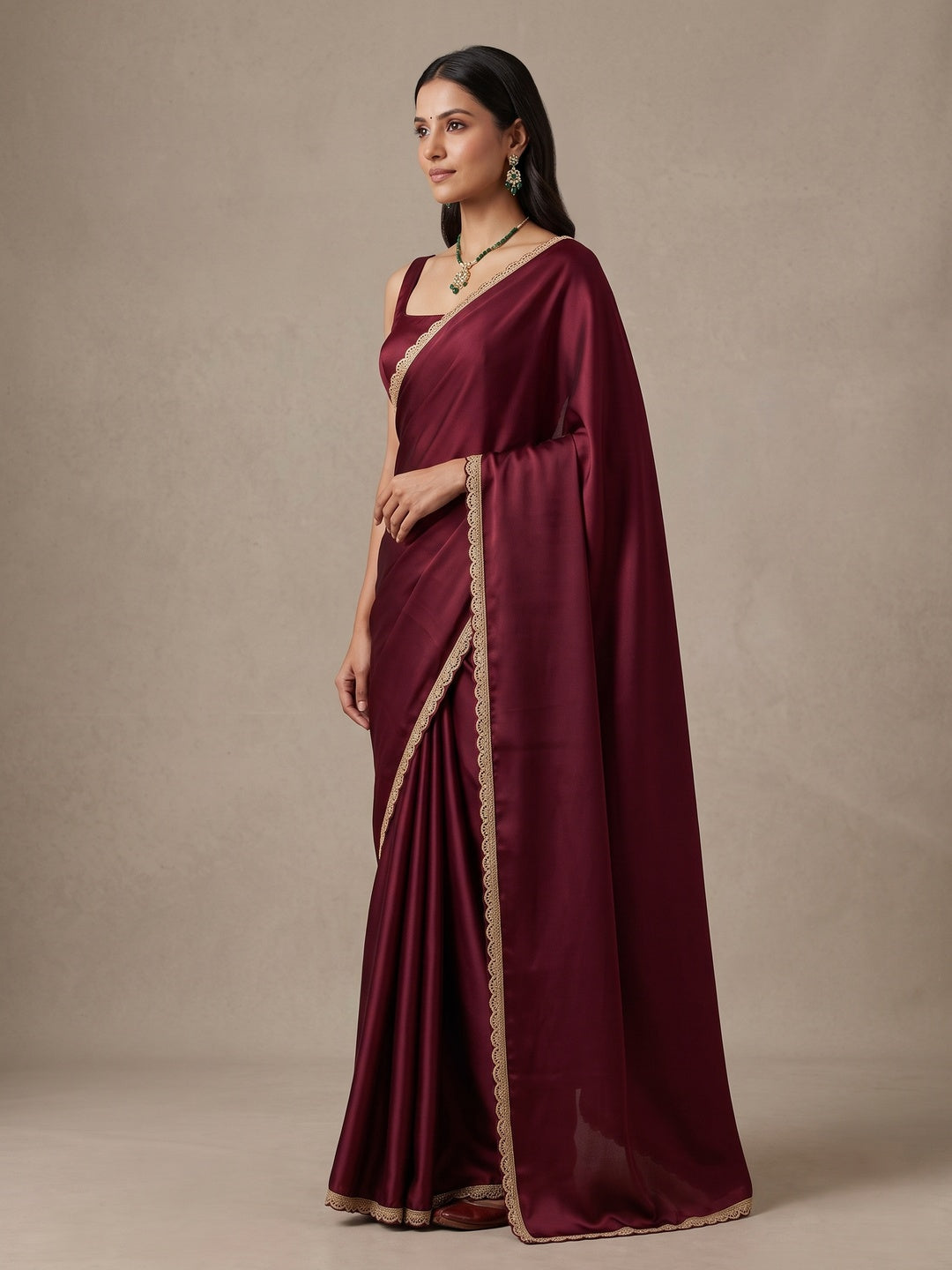 Peachmode Wine Scalloped Border Rangoli Silk Saree - Image 3