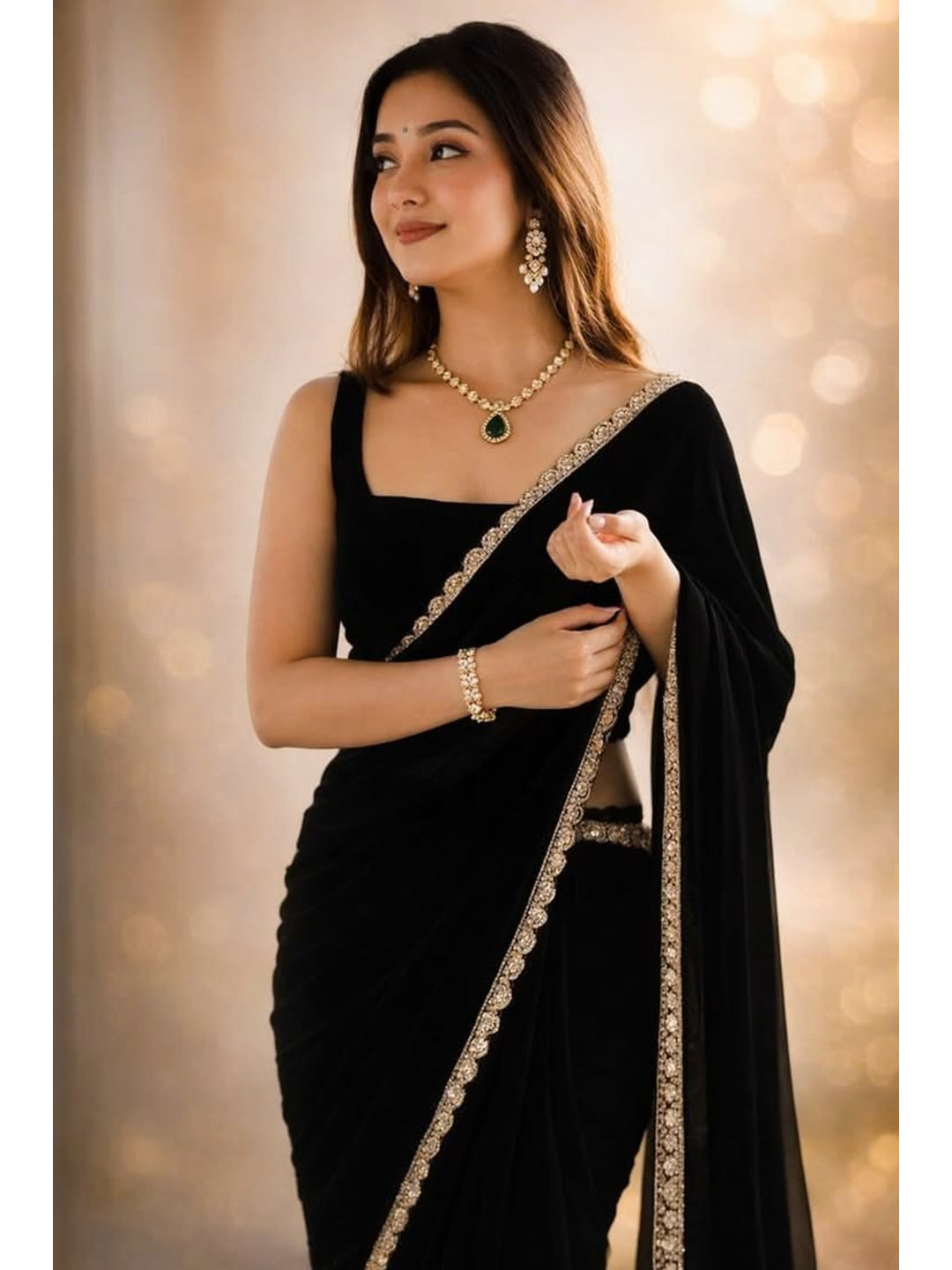 Peachmode Black Scalloped Border Rangoli Silk Saree - Image 1
