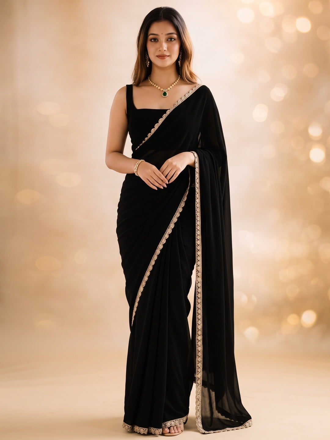 Peachmode Black Scalloped Border Rangoli Silk Saree - Image 2