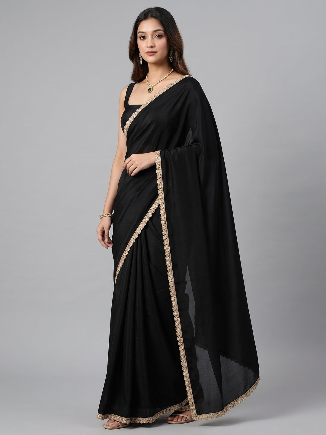 Peachmode Black Scalloped Border Rangoli Silk Saree - Image 3