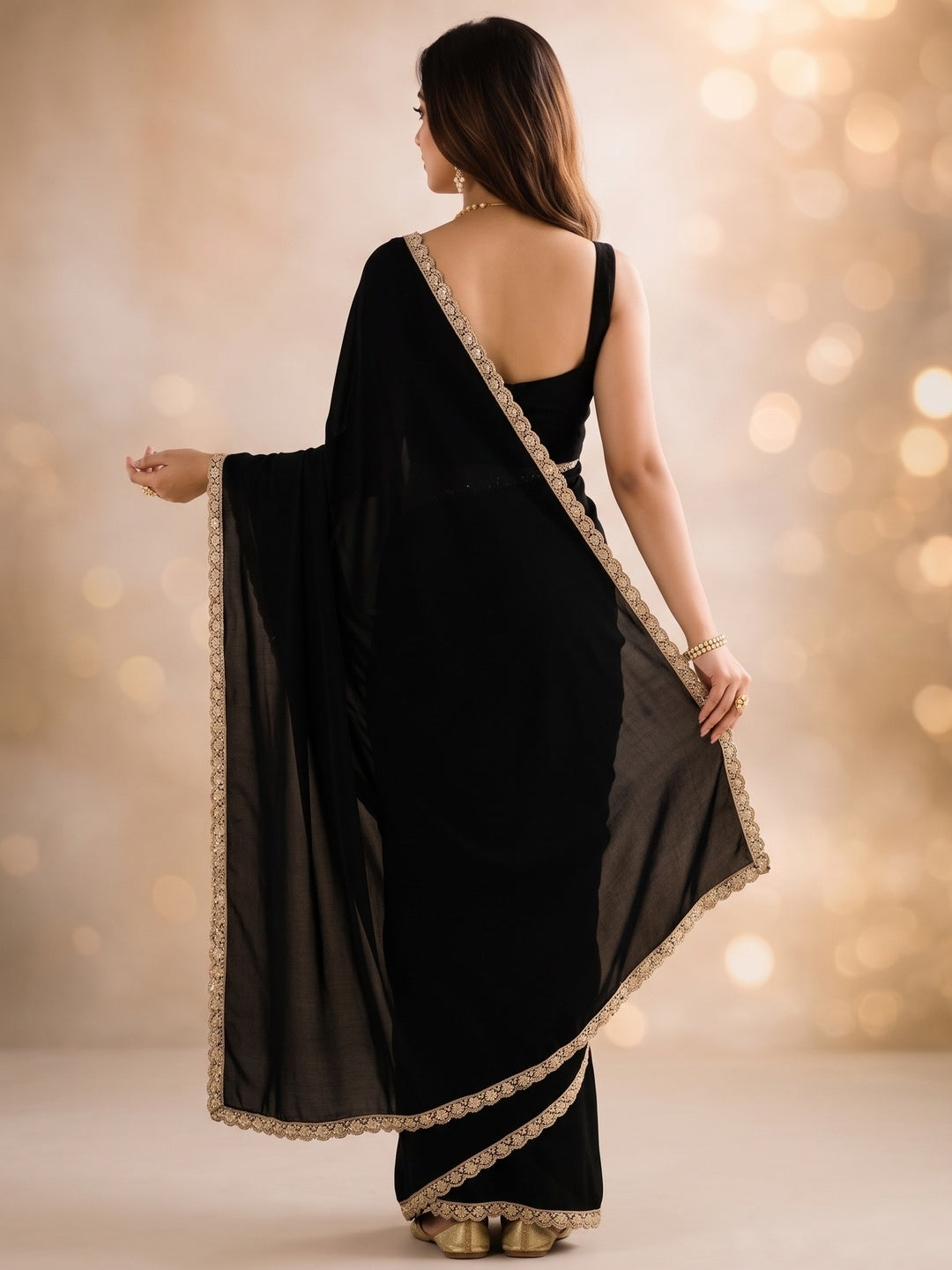 Peachmode Black Scalloped Border Rangoli Silk Saree - Image 4