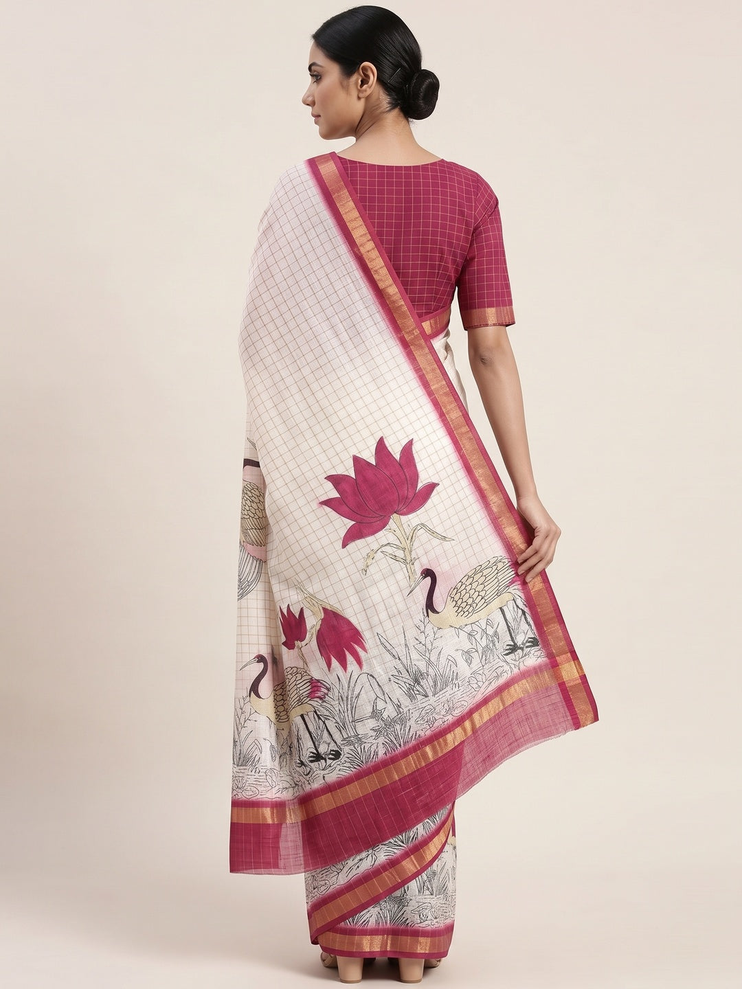Off White and Pink Checkered Printed Linen Saree with a Breezy Feel - Image 2