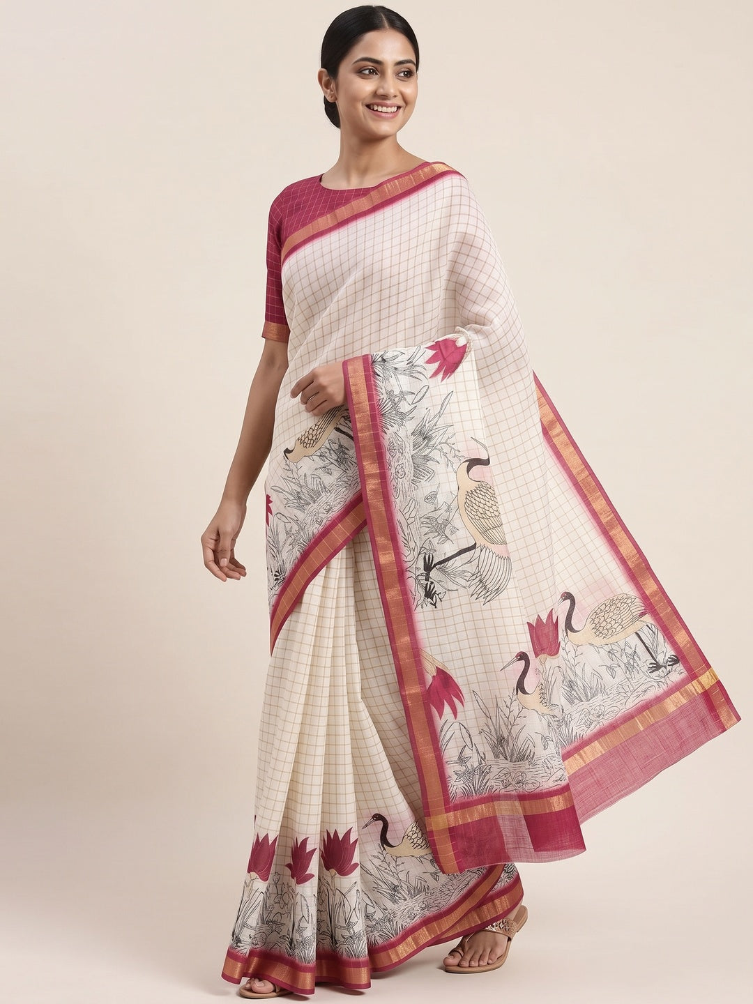 Off White and Pink Checkered Printed Linen Saree with a Breezy Feel - Image 4