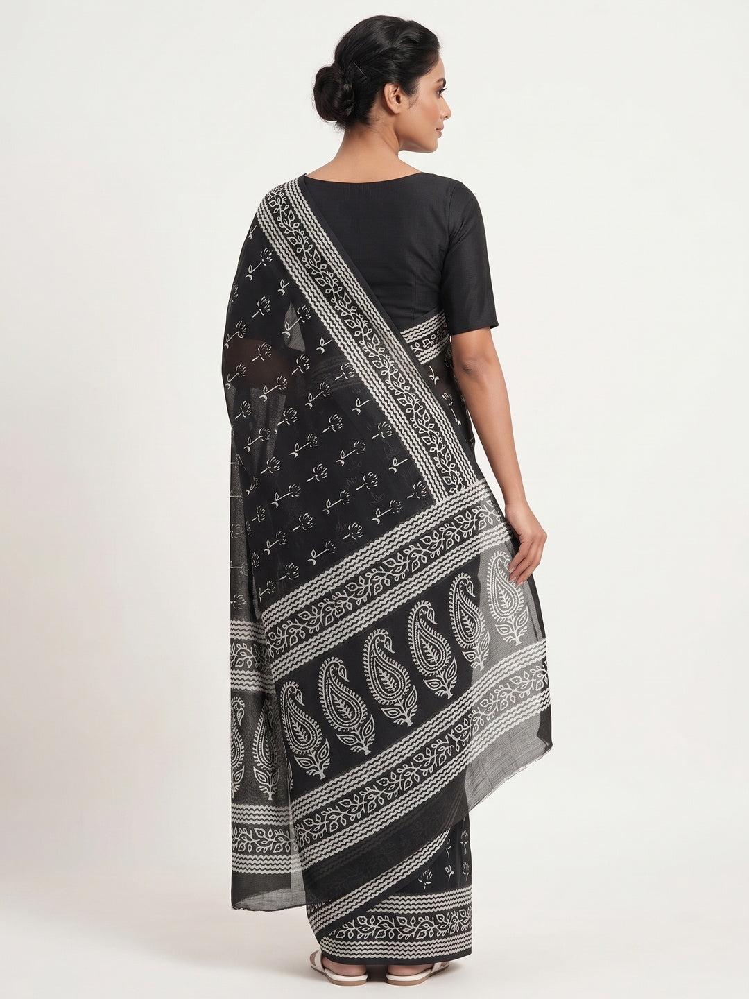 Black Soft Linen Saree with Artistic Print - Image 2