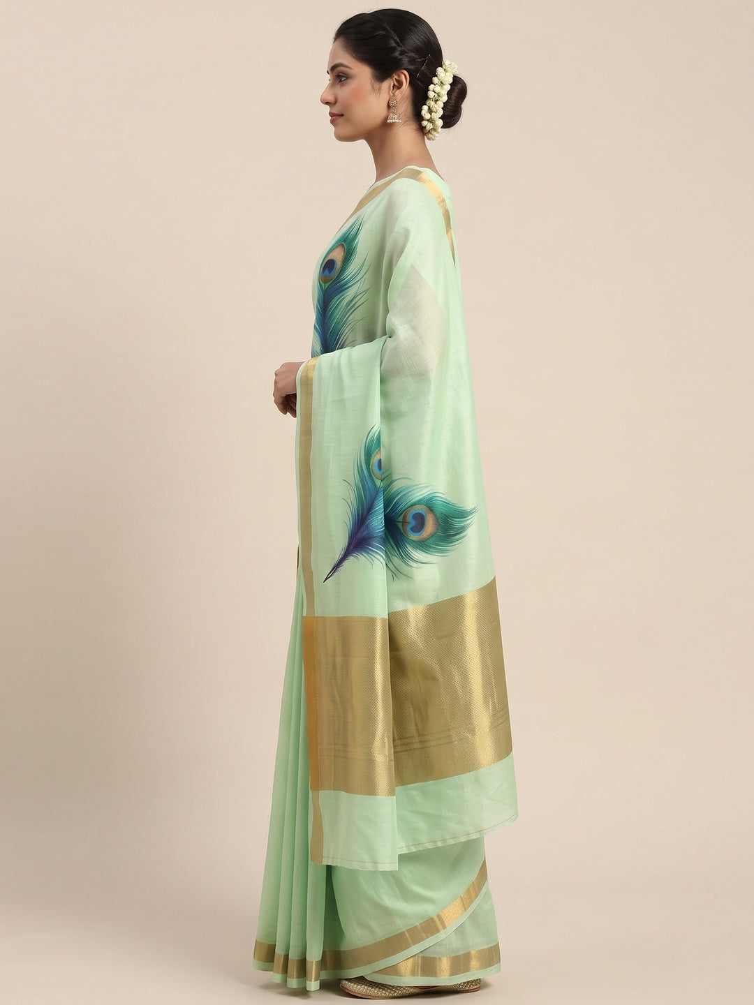 Charming Mint Green Soft Tussar Cotton Silk Saree With Peacock Feathers Print - Image 3