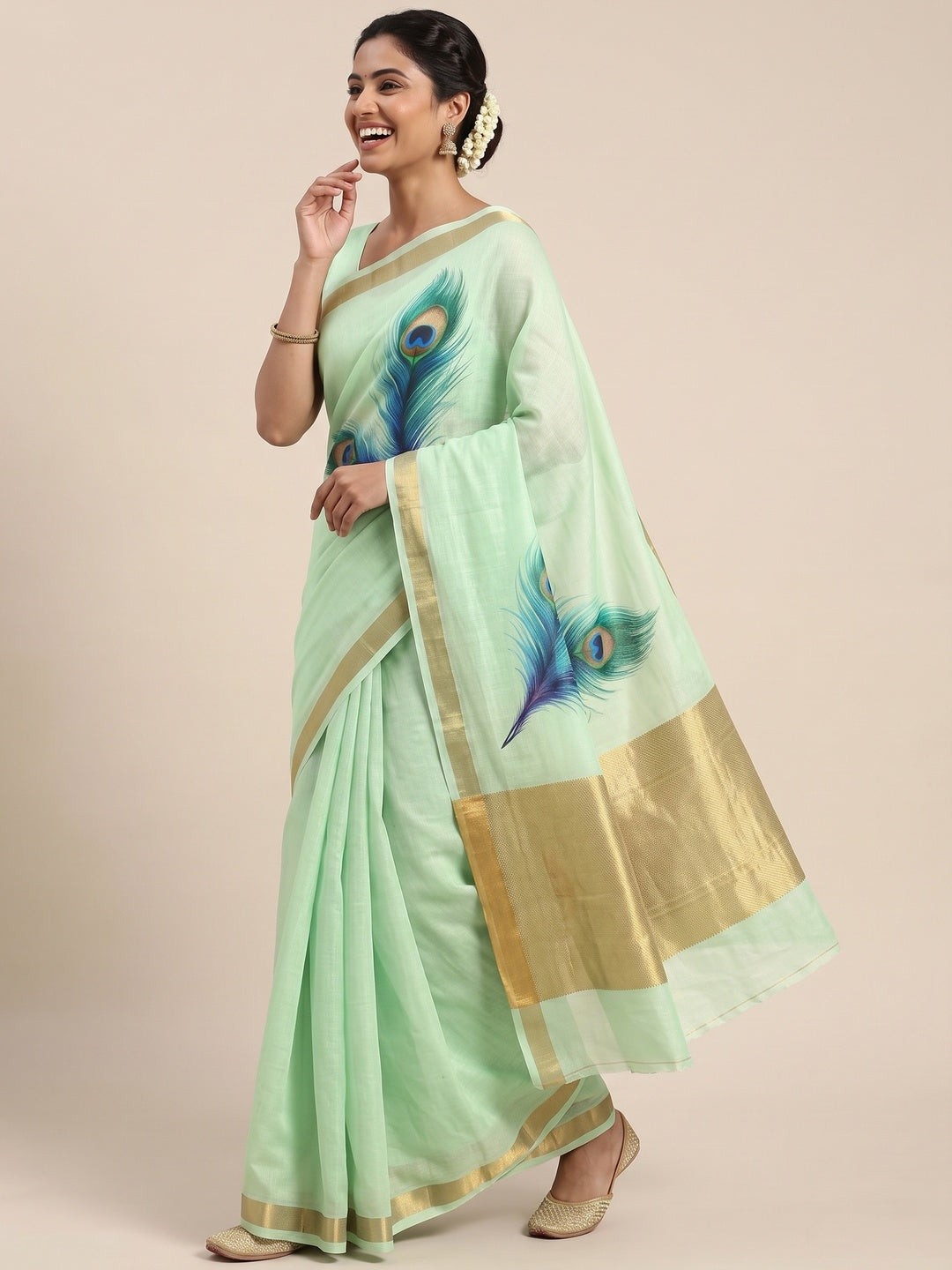 Charming Mint Green Soft Tussar Cotton Silk Saree With Peacock Feathers Print - Image 4