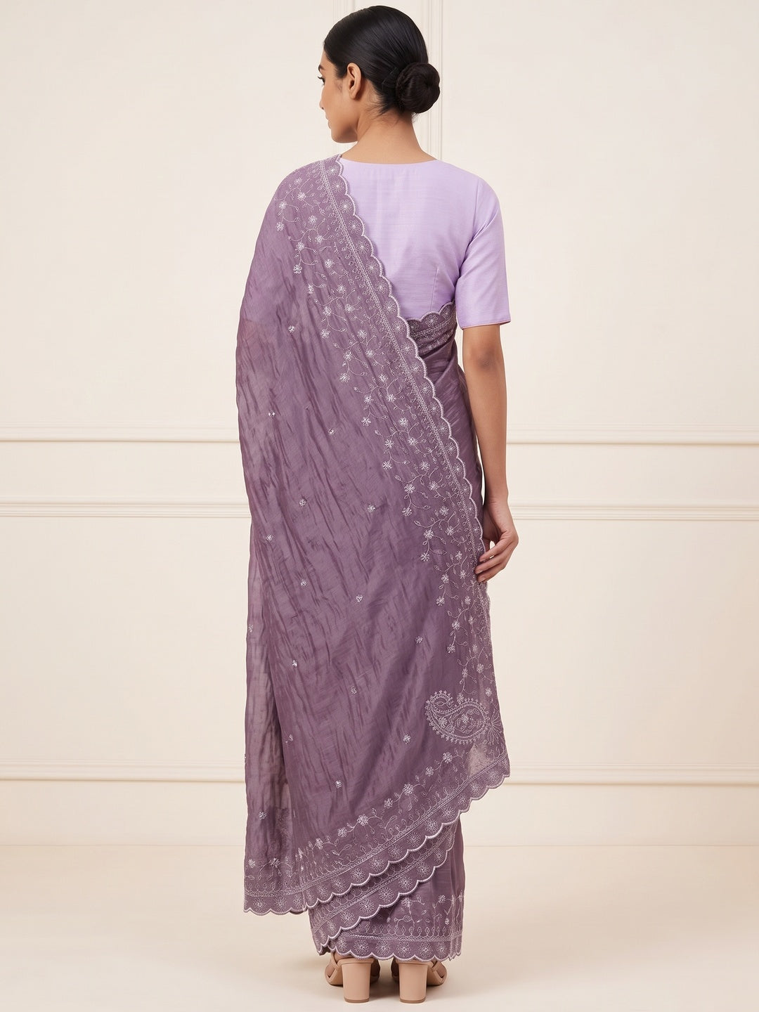 Dusty Lavender Silk Blend Crush Saree Adorned With Floral Thread Embroidery & Sequins - Image 2