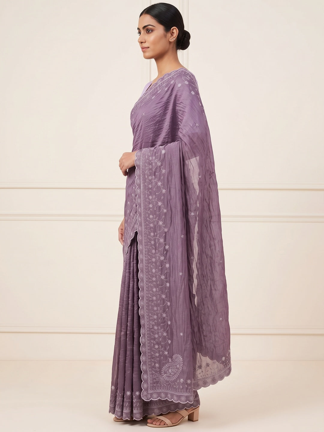 Dusty Lavender Silk Blend Crush Saree Adorned With Floral Thread Embroidery & Sequins - Image 3