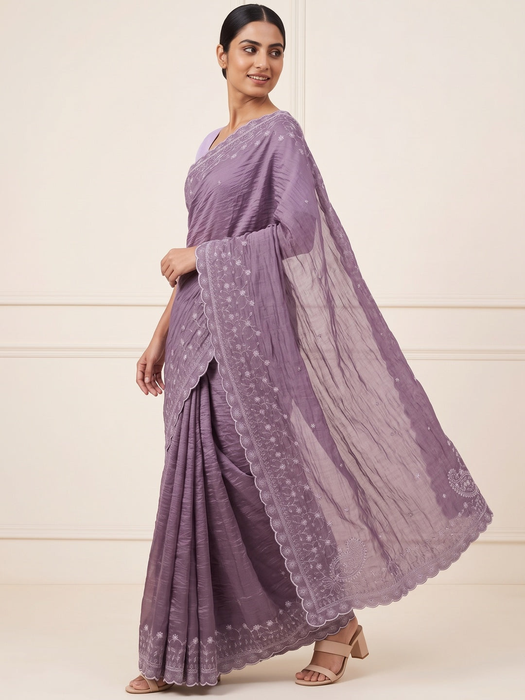 Dusty Lavender Silk Blend Crush Saree Adorned With Floral Thread Embroidery & Sequins - Image 4