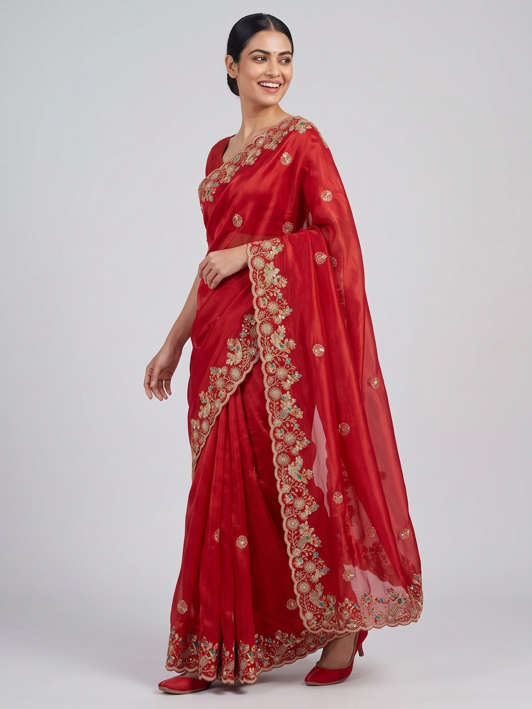Red Organza Satin Silk Saree Beautifully Detailed with Elegant Floral Embroidery - Image 4