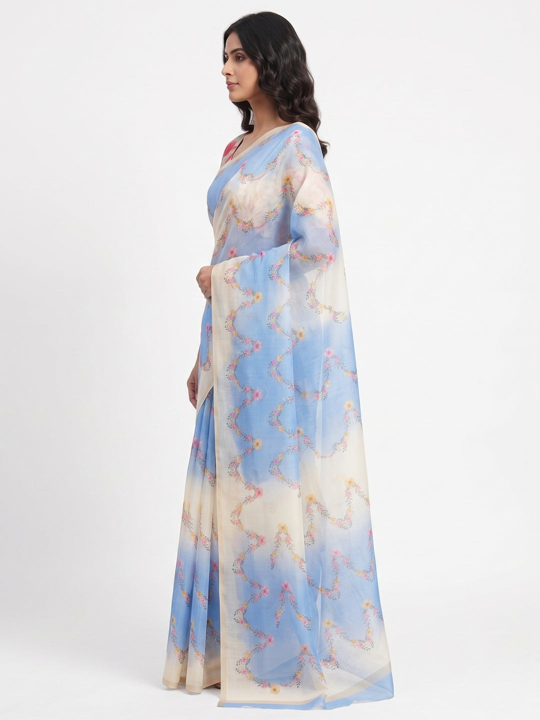 Blue Floral Digital Printed Chanderi Cotton Saree - Image 3