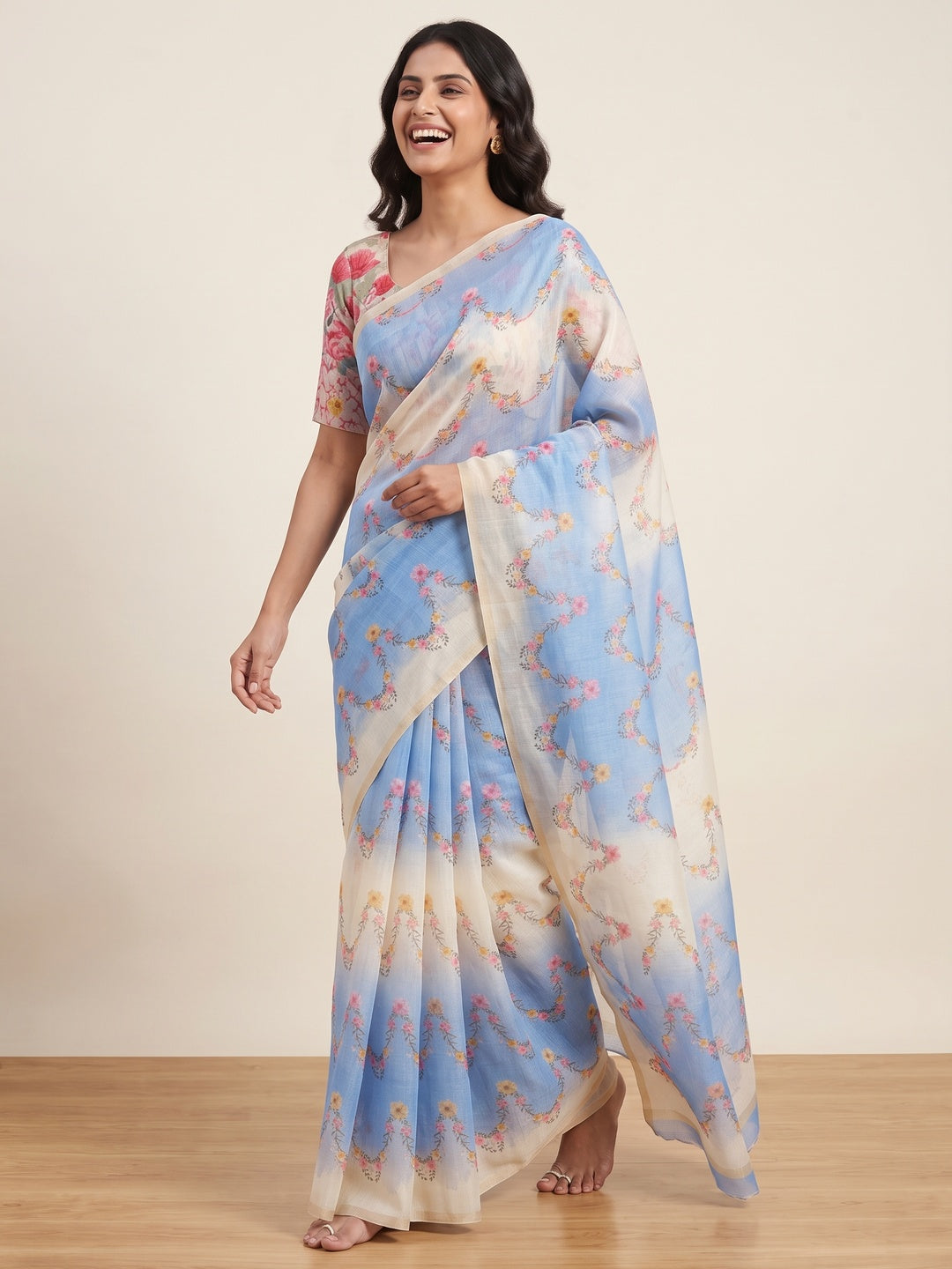 Blue Floral Digital Printed Chanderi Cotton Saree - Image 4