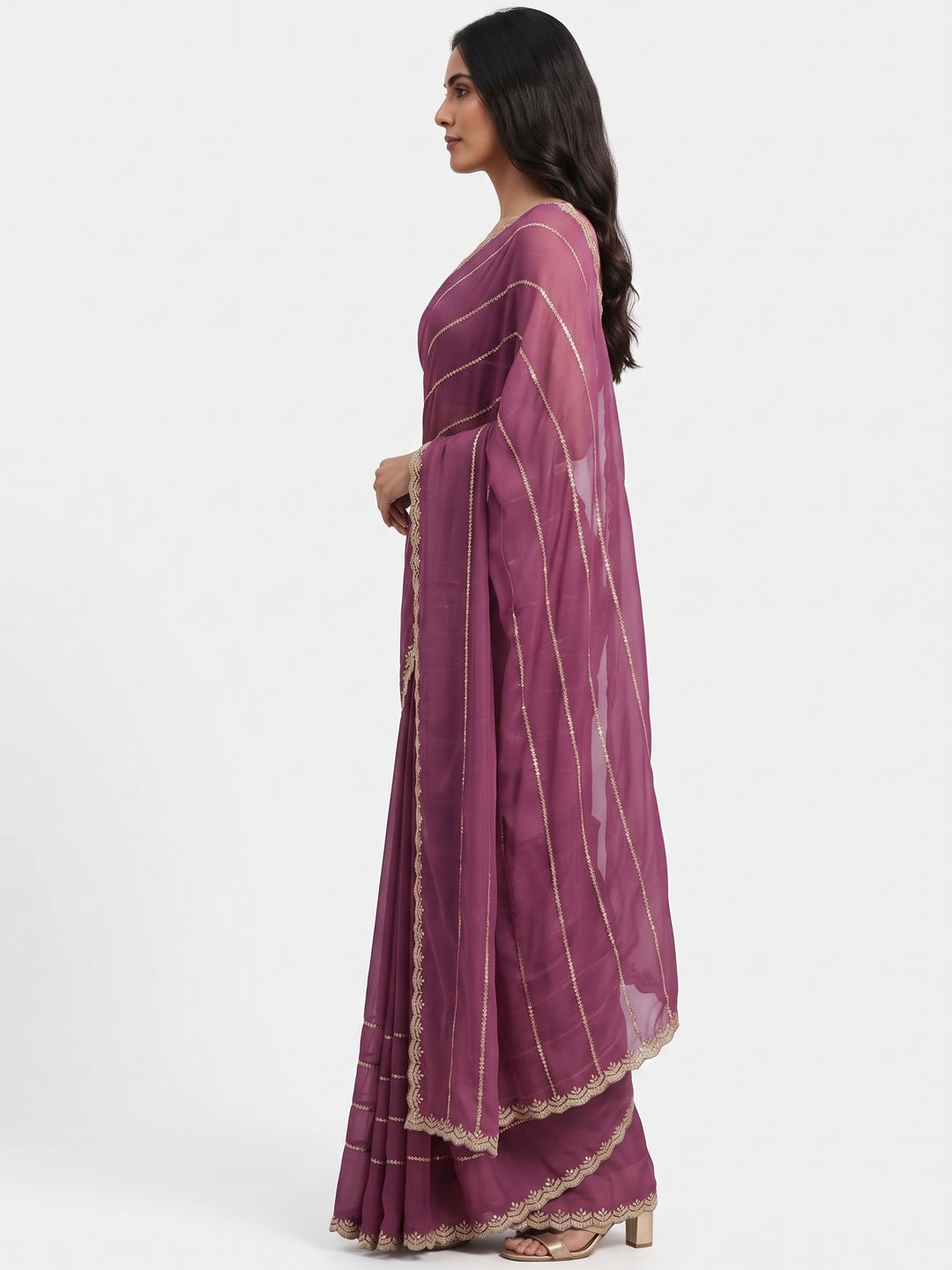 Mauve Soft Satin Chiffon Saree Adorned with Intricate Sequins Detailing - Image 3