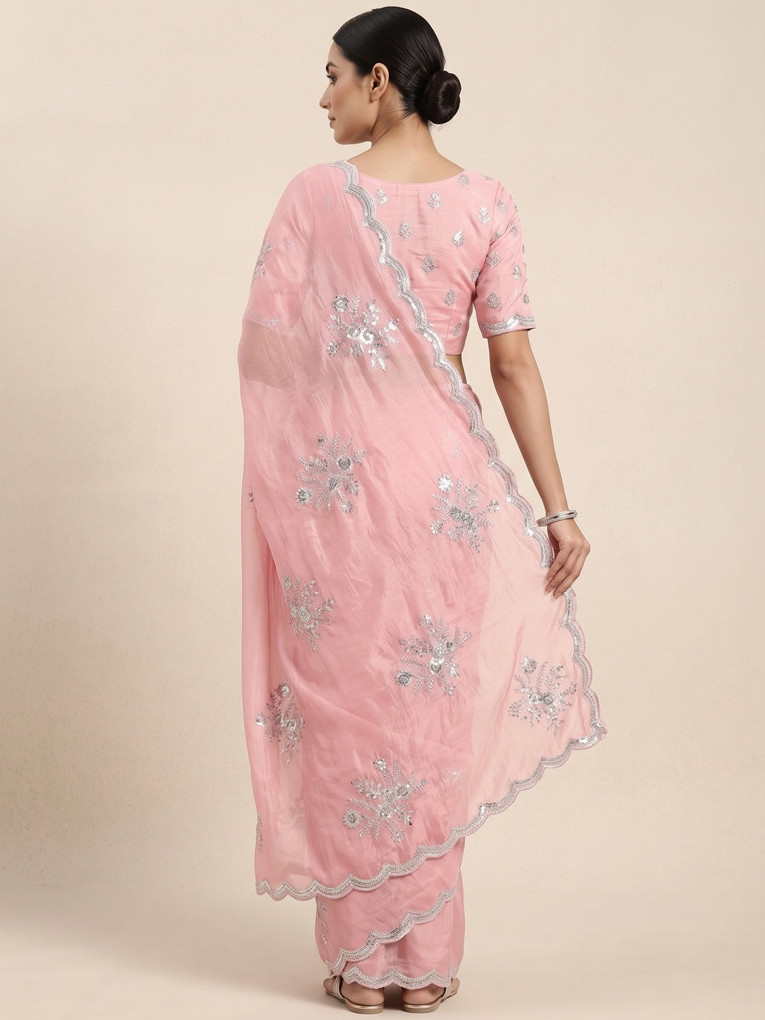 Designer Peach Pure Chinon Saree Highlighted with Elegant Sequins Embroidery - Image 2