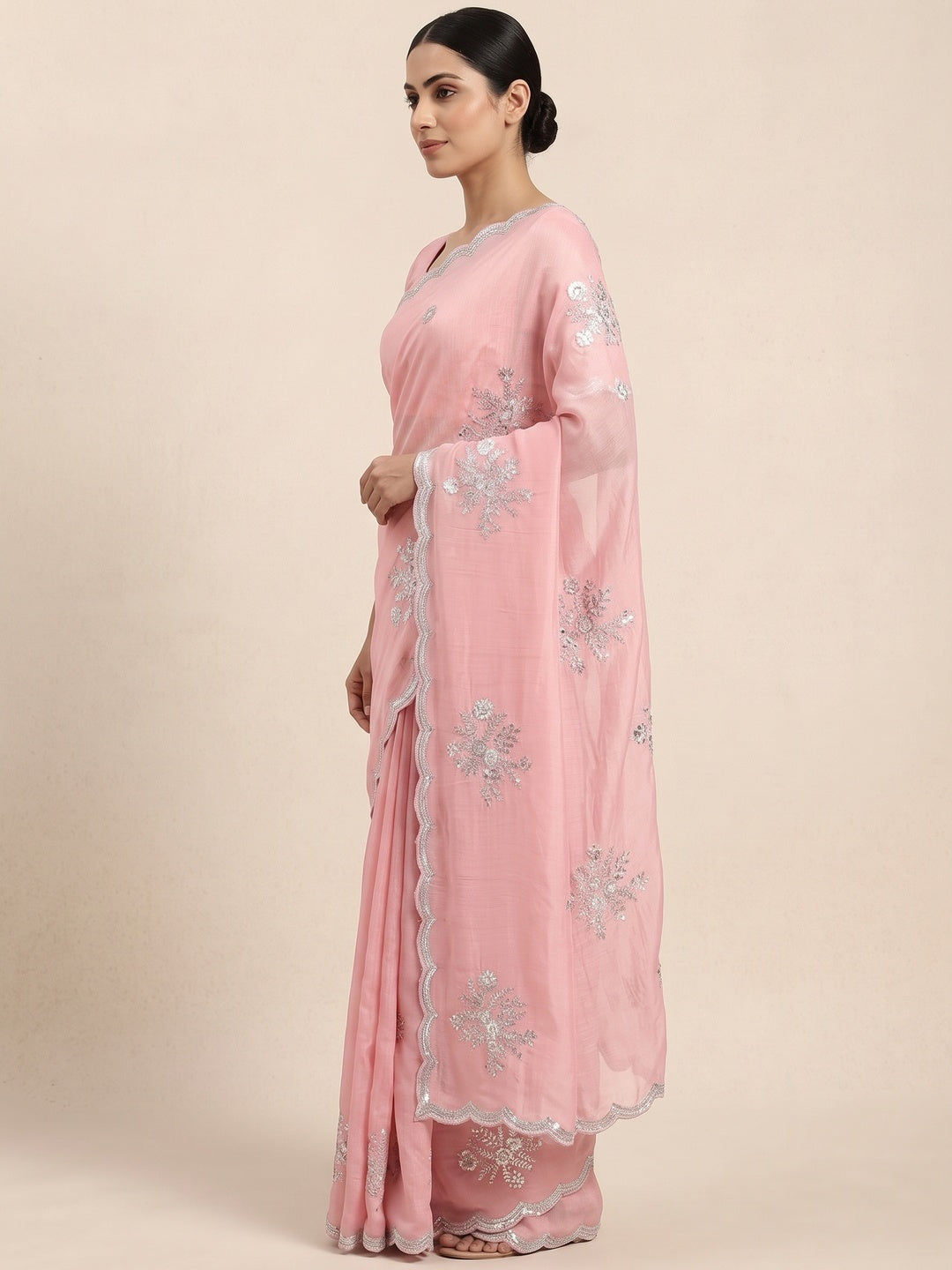 Designer Peach Pure Chinon Saree Highlighted with Elegant Sequins Embroidery - Image 3
