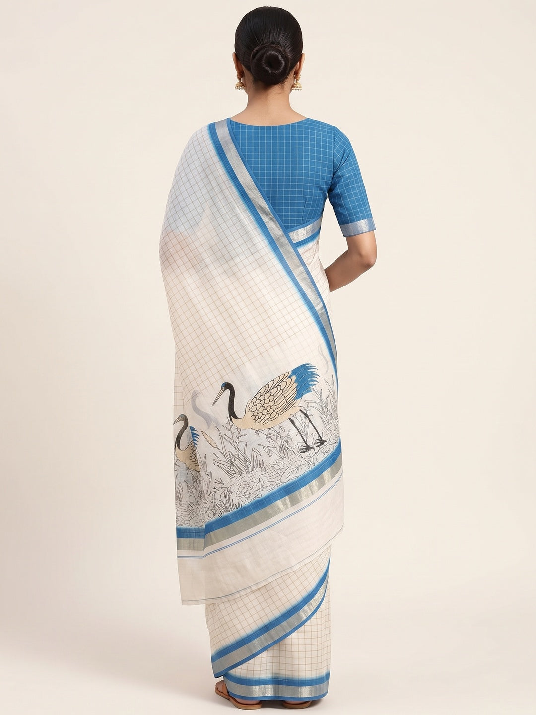 Off White and Blue Checkered Printed Linen Saree with a Breezy Feel - Image 2
