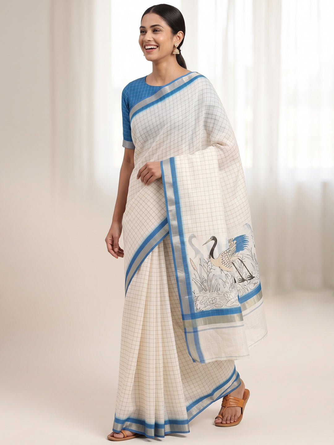 Off White and Blue Checkered Printed Linen Saree with a Breezy Feel - Image 4