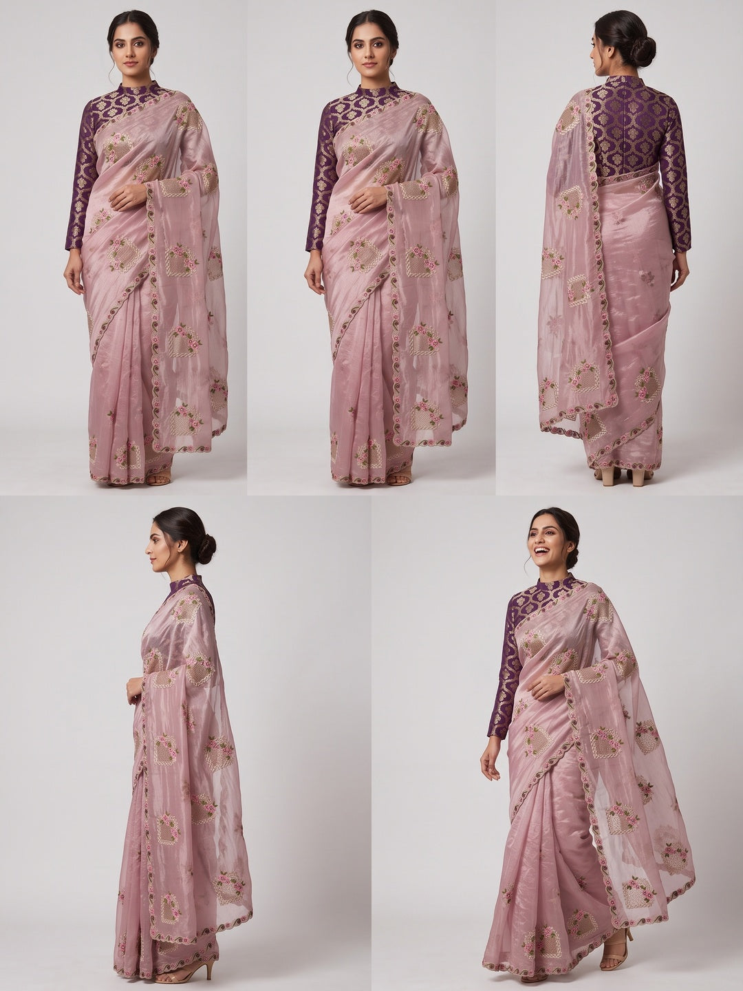 Stunning Pink Floral Embroidery & Swarovski Adorned Paper Silk Saree with Cutwork Border - Image 4