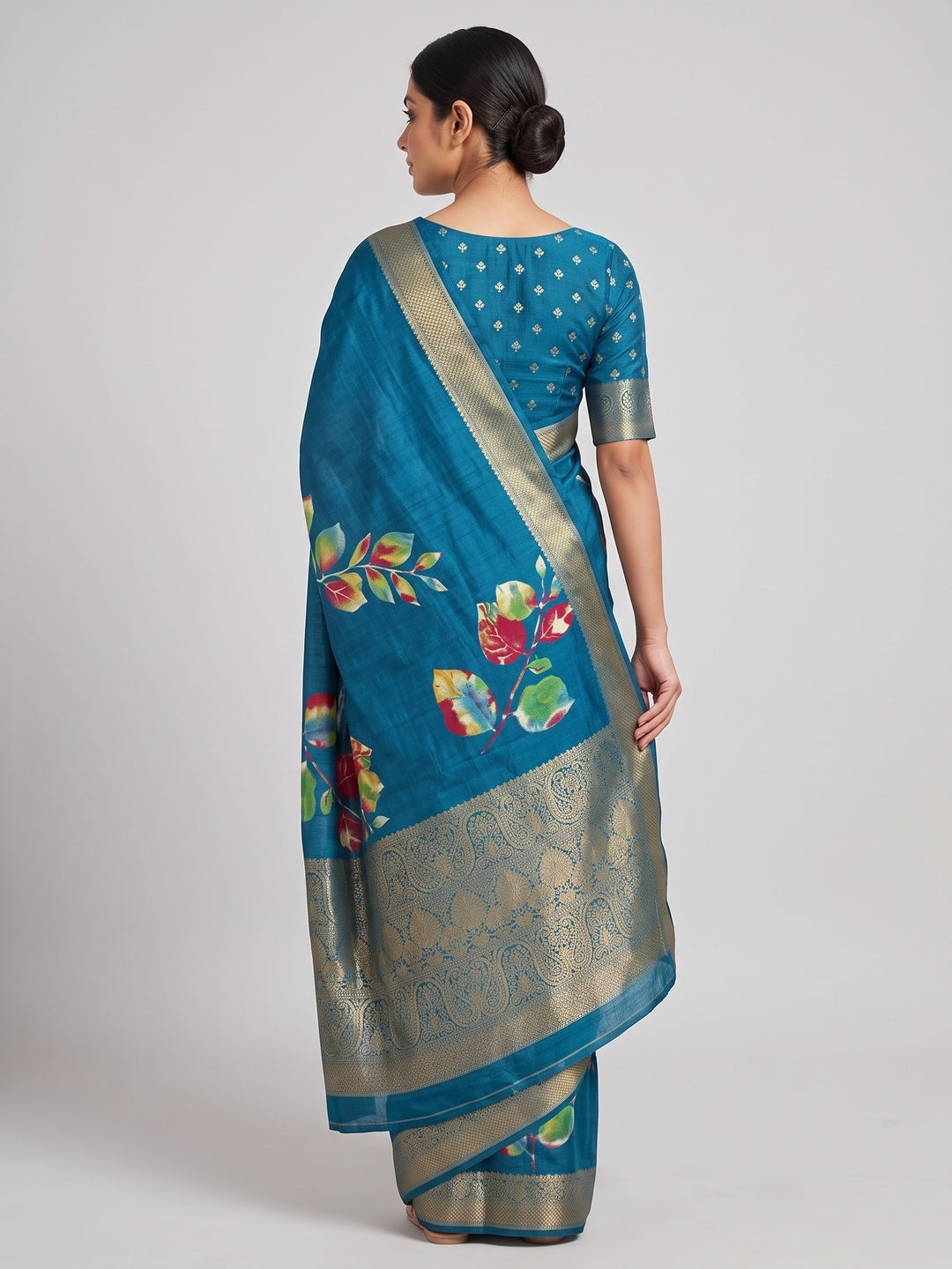 Teal Floral Printed Dola Silk Saree - Image 2