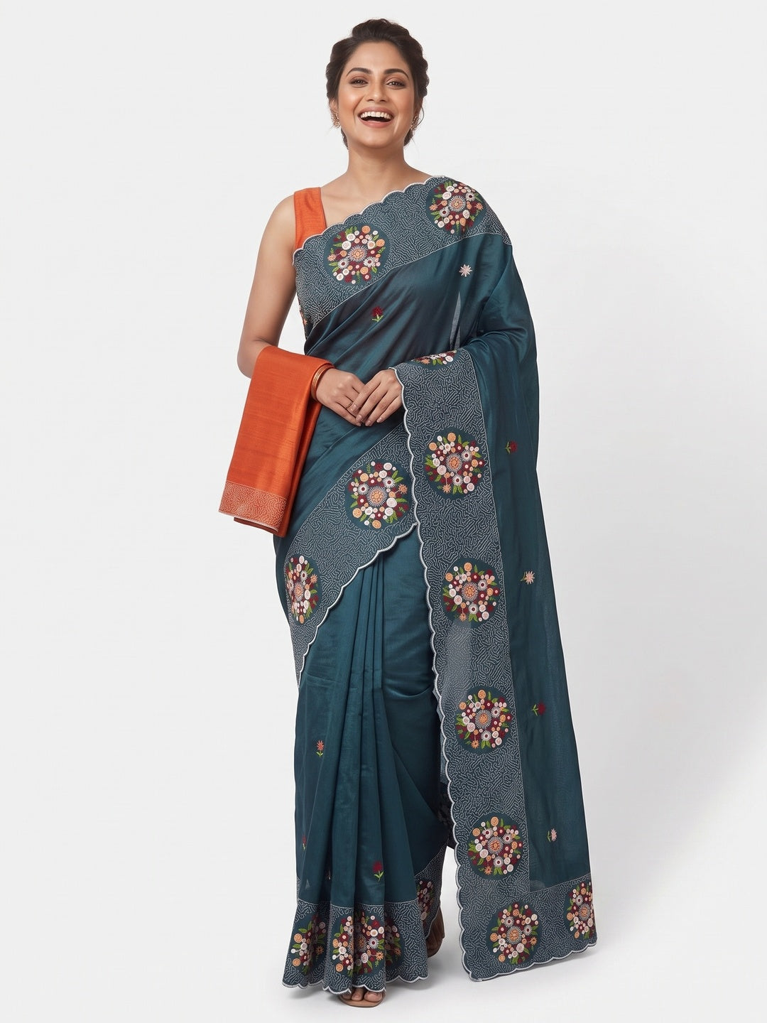 Deep Teal Cotton Silk Saree with Beautiful Floral Embroidery for Parties & Celebrations - Image 4