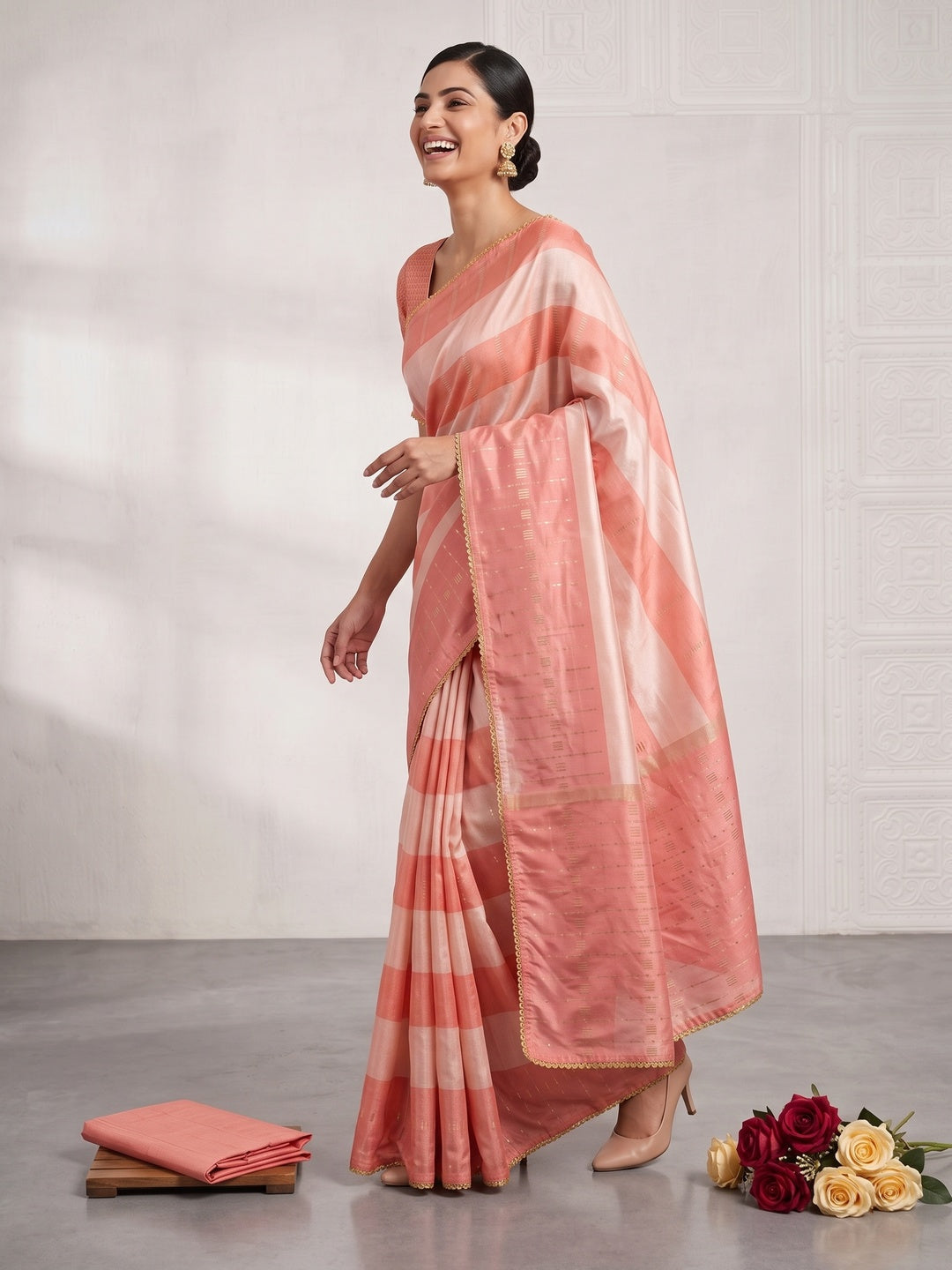 Peach Zari Woven With Sequins Work Tussar Silk Saree With Lace Border - Image 4
