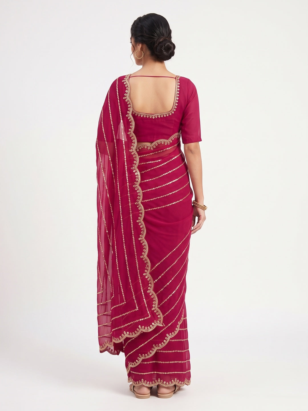 Pink Soft Satin Chiffon Saree Embellished with Intricate Sequins Detailing - Image 2