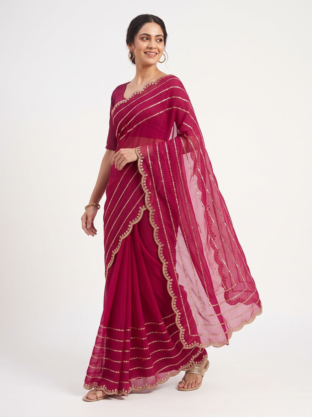 Pink Soft Satin Chiffon Saree Embellished with Intricate Sequins Detailing - Image 4