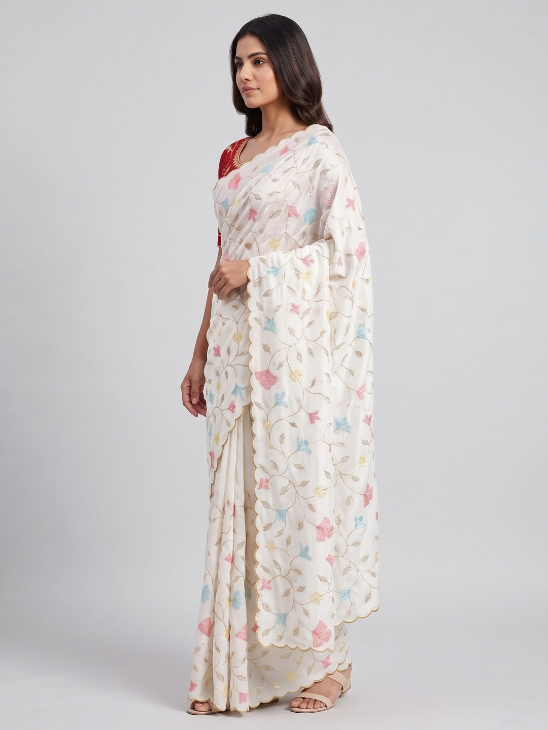 Graceful White Vichitra Silk Saree Adorned With Floral Sequins Embroidery & Golden Arco Border - Image 3