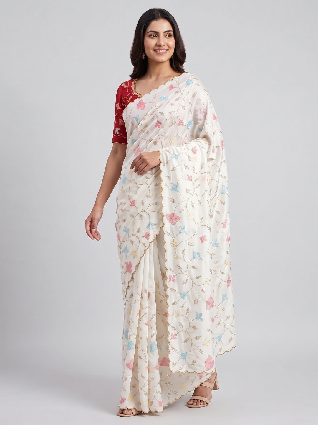 Graceful White Vichitra Silk Saree Adorned With Floral Sequins Embroidery & Golden Arco Border - Image 4