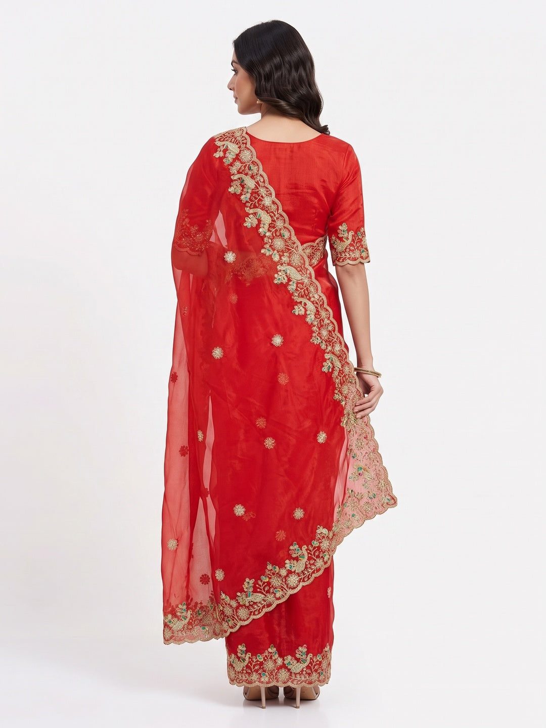 Red Floral Embroidered Lightweight Organza Satin Silk Saree for Party and Festive Wear - Image 2