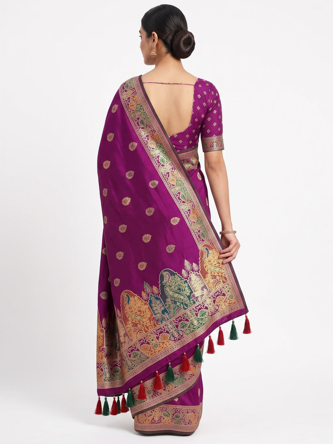 Dark Magenta Luxury Pure Silk Saree Crafted With Floral Meenakari Foil Print & Trendy Tassel Pallu - Image 2