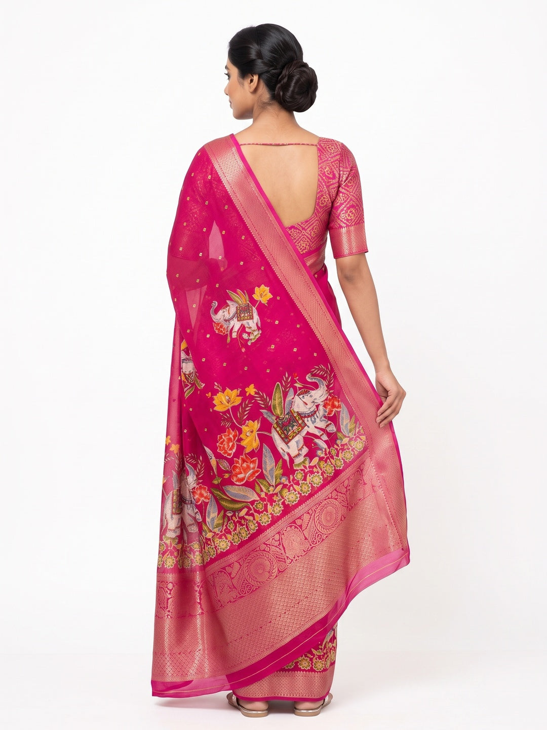 Elegant Pink Elephant & Floral Printed Georgette Saree Accented With Gleaming Weaving Zari Border - Image 2