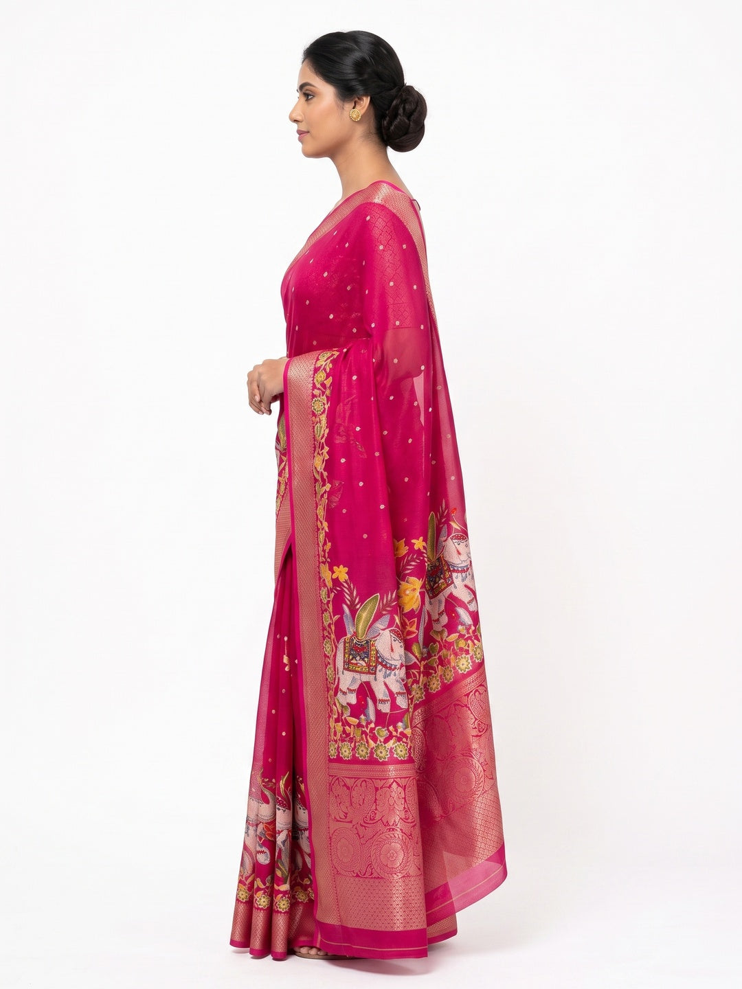 Elegant Pink Elephant & Floral Printed Georgette Saree Accented With Gleaming Weaving Zari Border - Image 3